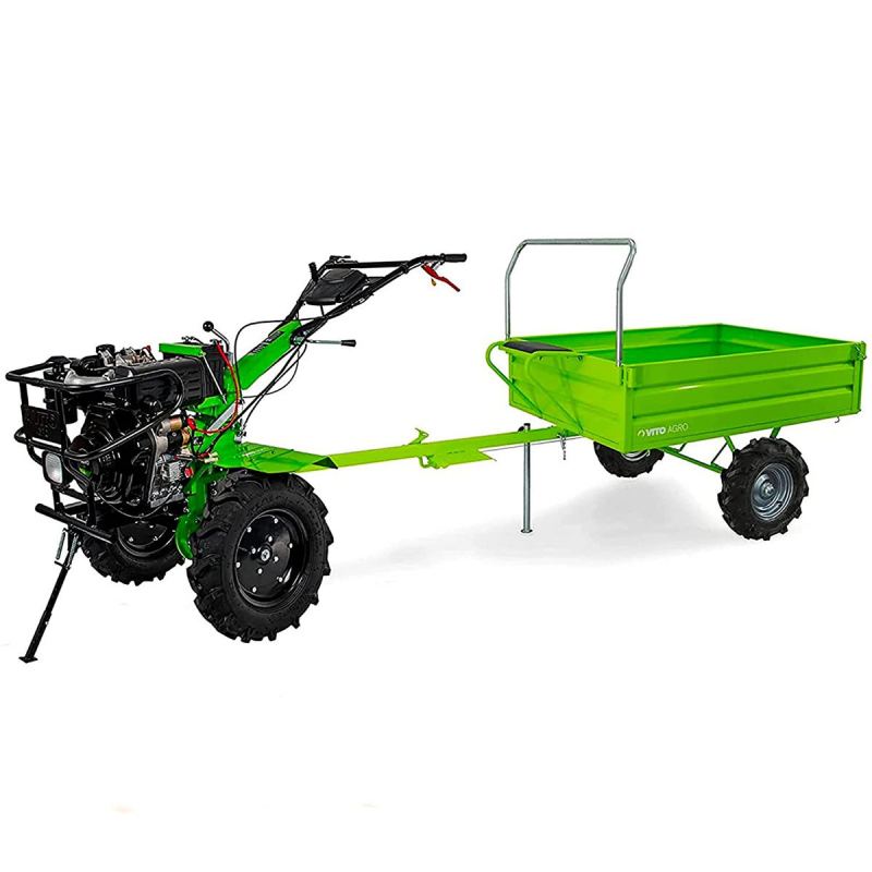 Motoculteur thermique polyvalent DIESEL 456CC VITO 12CV avec transmission directe 8900W. Livré avec 2 Fraises un butteur double et sa remorque. Machine parfaite pour travailler le sol pour l'agriculture et le maraîchage. Permet donc la mise en culture des sols et l'entretien du jardin potager ou maraîcher. Grandes roues + guidon réglable. Poids 180 kg.